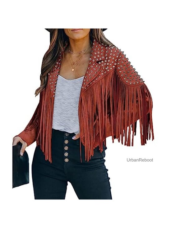 Jackets & Blazers - Women's Faux Leather Short Motorcycle Jacket with Tassel Rivet Detail